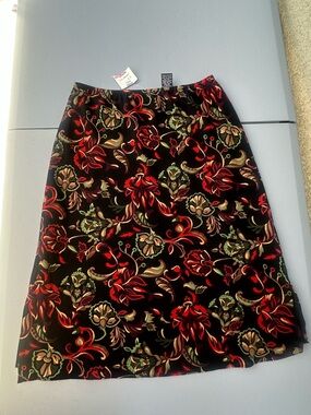 New York & Company Black Pencil Skirt with Red and Olive Floral Design